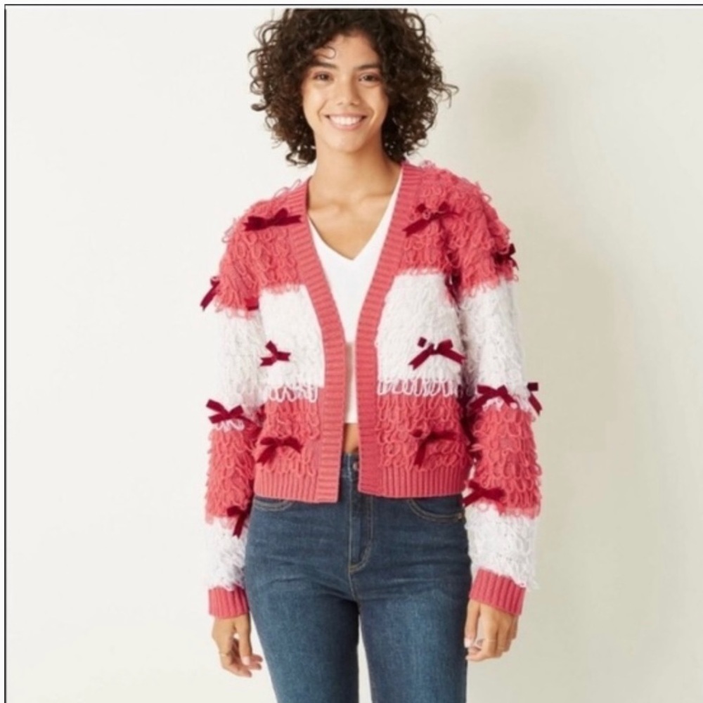 𝅺women's large Striped Holiday Red & White Bow Cardigan Sweater Mighty Fine